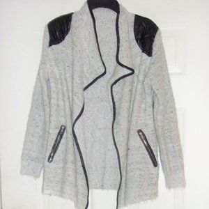 Sisters Sweater Jacket Open Sz. S Faux Leather Patches Pockets Heather Cardigan